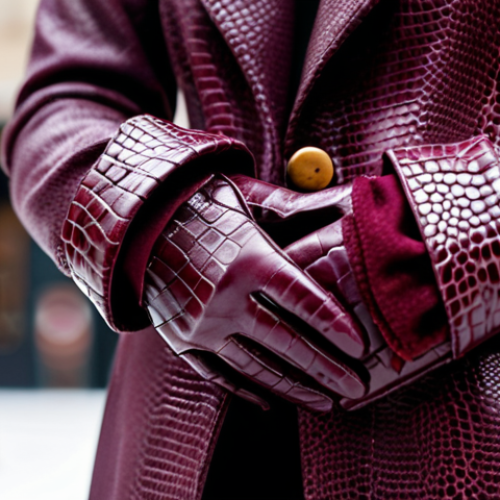 Home 15 **Close-up of a woman's hand wearing deep wine-colored leather gloves with reptile skin embossing, paired with a stylish coat. Focus on the texture and color of the gloves. Background: A blurred, upscale urban winter scene.**