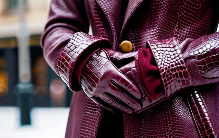 **Close-up of a woman's hand wearing deep wine-colored leather gloves with reptile skin embossing, paired with a stylish coat. Focus on the texture and color of the gloves. Background: A blurred, upscale urban winter scene.**
