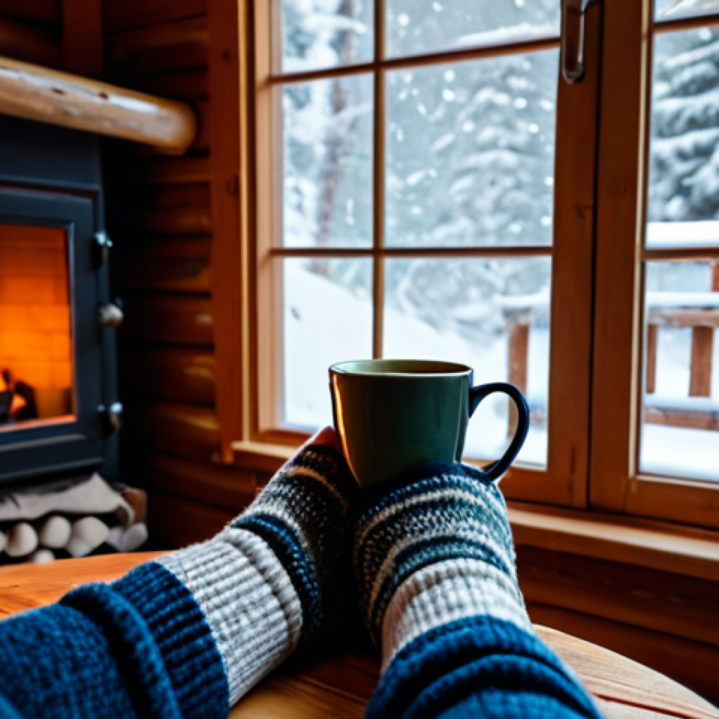 Cozy Winter Evening at Home**
"A person wearing thick, warm woolen socks, fully clothed, sitting by a fireplace in a cozy, rustic cabin. The scene includes a steaming mug of tea and a book on a wooden table. The background shows snow falling gently outside the window. Perfect anatomy, natural proportions, well-formed hands, proper finger count. Safe for work, appropriate content, family-friendly, professional photography, high quality."
**