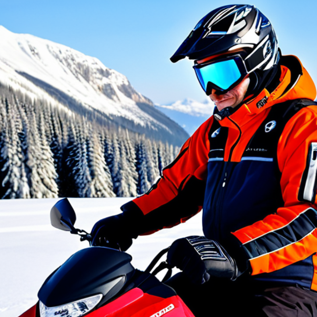 Gerbing Heated Gloves in Extreme Conditions**
A person on a snowmobile in a snowy mountain landscape, wearing Gerbing 12V heated gloves, fully clothed in winter gear, appropriate attire, safe for work, perfect anatomy, natural proportions, high-quality outdoor photography, professional. Focus on the gloves and the winter scenery.
**