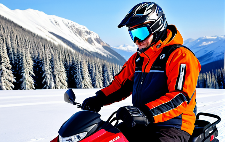 Gerbing Heated Gloves in Extreme Conditions**
A person on a snowmobile in a snowy mountain landscape, wearing Gerbing 12V heated gloves, fully clothed in winter gear, appropriate attire, safe for work, perfect anatomy, natural proportions, high-quality outdoor photography, professional. Focus on the gloves and the winter scenery.
**