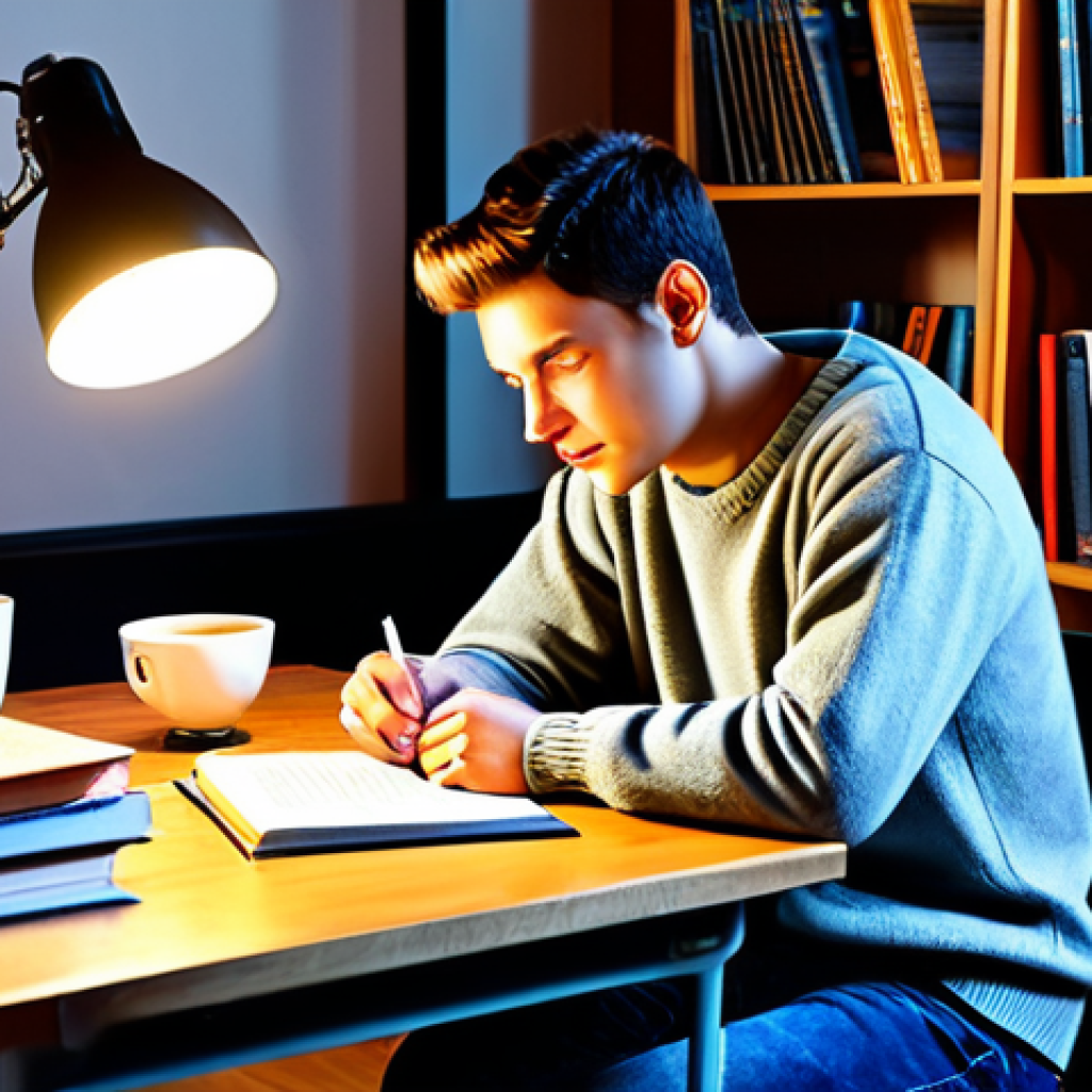 Cozy Winter Study Session**
"A student, fully clothed in a warm sweater and jeans, studying at a desk covered in books in a brightly lit, cozy apartment, a steaming mug of tea nearby. Appropriate attire, safe for work, perfect anatomy, natural pose, family-friendly, professional photo, high quality."
**