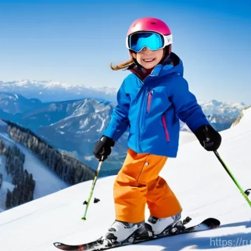Home 21 어린이 스키 양말 추천 - **Prompt:** A joyful child, approximately 8-10 years old, actively skiing down a snowy mountain slop...