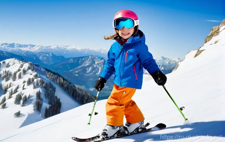 어린이 스키 양말 추천 - **Prompt:** A joyful child, approximately 8-10 years old, actively skiing down a snowy mountain slop...
