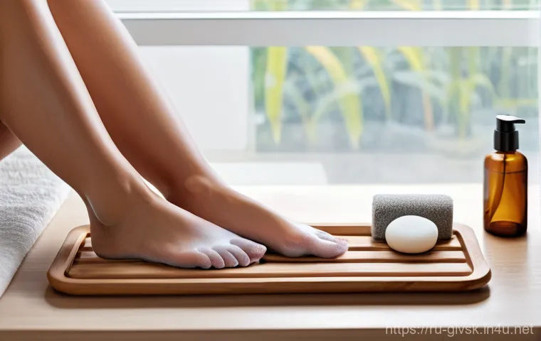 겨울철 발 보습 양말 - **Prompt:** A close-up, warm-toned photograph of a woman's feet, initially appearing a bit dry and r... 겨울철 발 보습 양말 - **Prompt:** A close-up, warm-toned photograph of a woman's feet, initially appearing a bit dry and r...